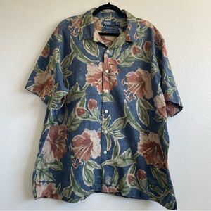 Polo Ralph Lauren Vintage Camp Shirt XXL Floral Hawaiian Linen Blend Button Up M